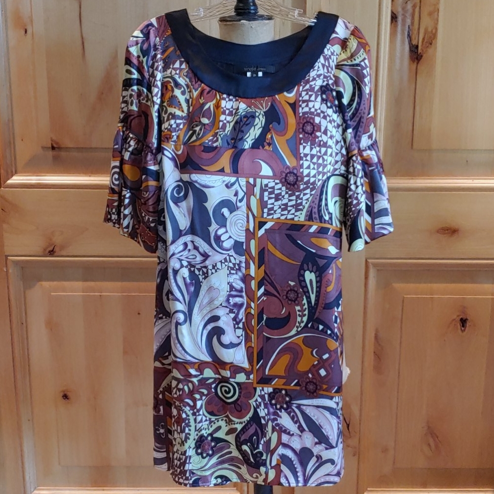 NWOT 100% Silk Brown Print Bell Sleeve Dress